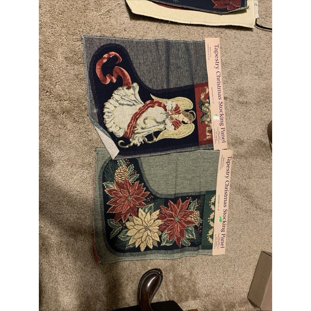2 ct. Vintage Christmas Tapestry Stocking Sewing Panels Poinsettia & Angel
